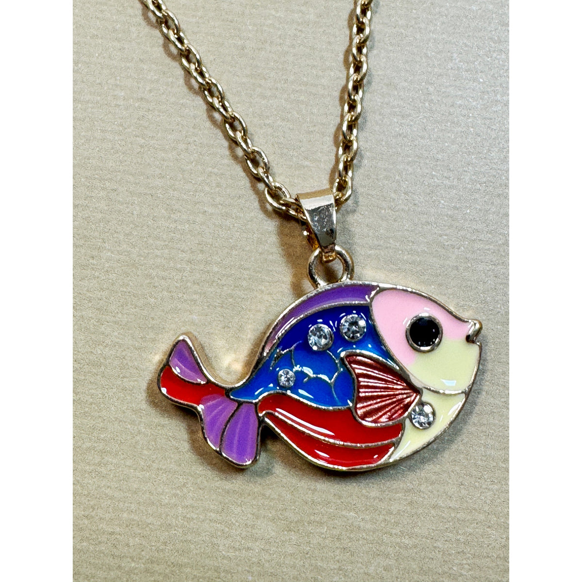 Colorful Tropical Fish Necklace Enamel Pendant Gold Tone Chain 18-20" N304