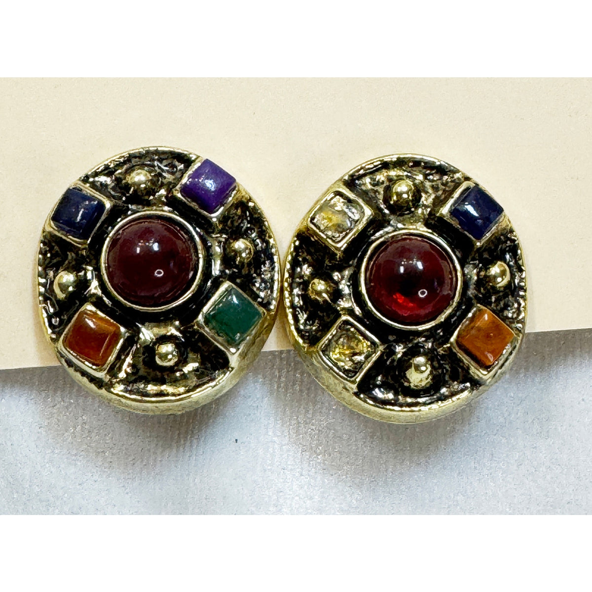 Vintage Colorful Clip On Earrings Gold Tone Cabochon Mosaic 1 x 1.25" E504