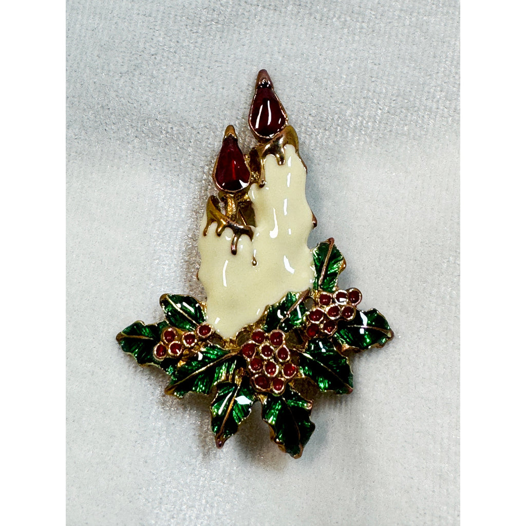 Vintage Enamel Christmas Candle Brooch Pin Holly Berries Holiday Jewelry CP185