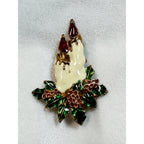 Vintage Enamel Christmas Candle Brooch Pin Holly Berries Holiday Jewelry CP185