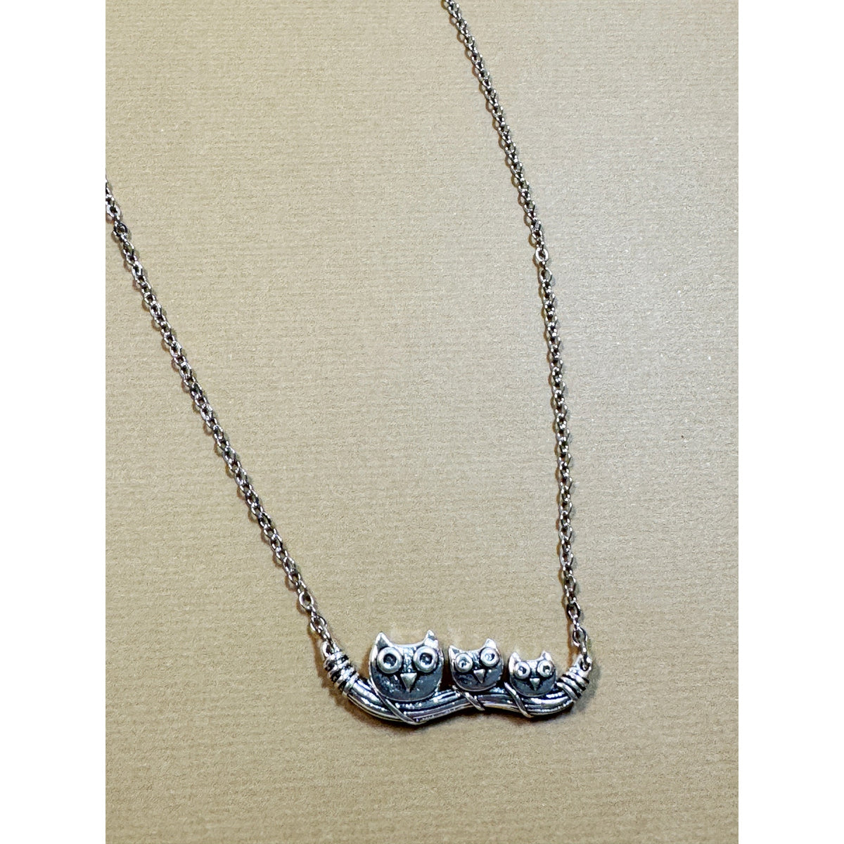 Silvertone Owl Family Necklace on Branch Bird Jewelry 1.25" Wide  N306