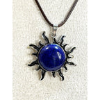 Dark Blue Stone Sun Pendant Necklace Silver Tone on 24" Black Cord 1.5" CP N532