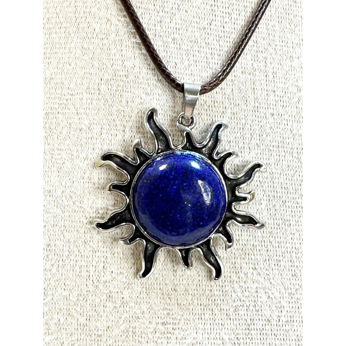 Dark Blue Stone Sun Pendant Necklace Silver Tone on 24" Black Cord 1.5" CP N532