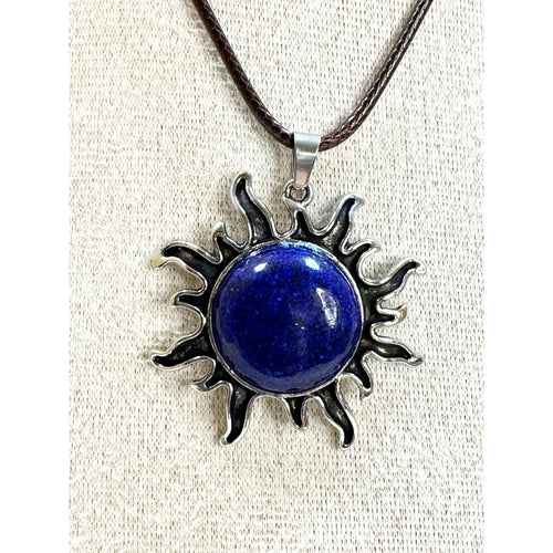 Dark Blue Stone Sun Pendant Necklace Silver Tone on 24" Black Cord 1.5" CP N532