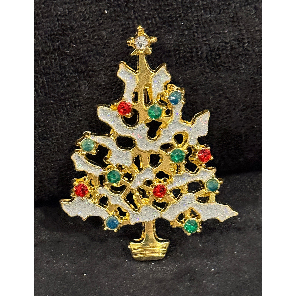 Vintage Christmas Tree Pin Gold Tone with Rhinestones Holiday Brooch CP119