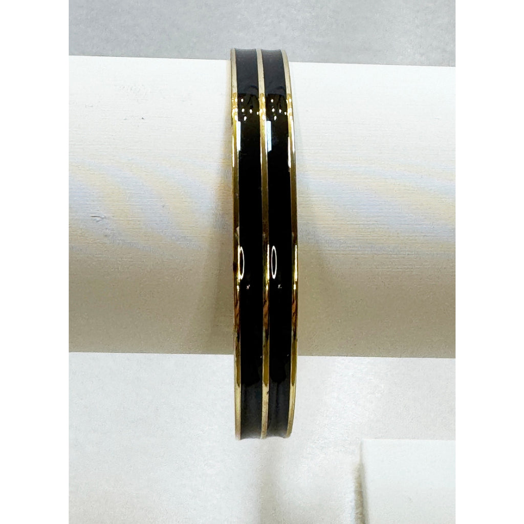 Black Enamel Gold Tone Hinged Bangle Bracelet 2.5" Pre-Loved Classic B090