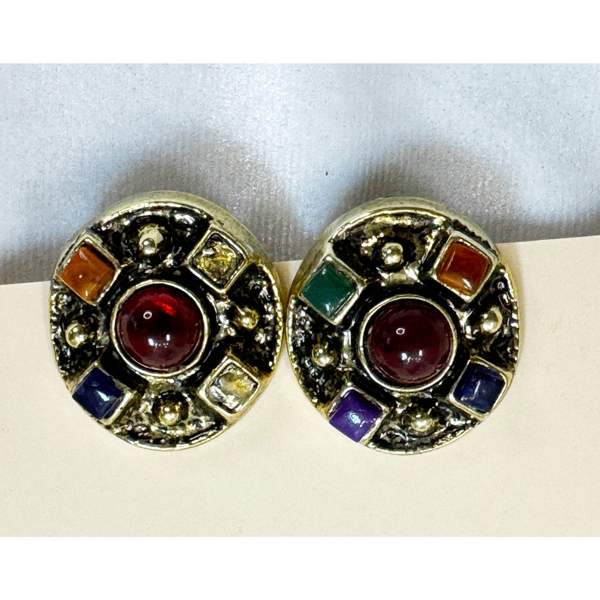 Vintage Colorful Clip On Earrings Gold Tone Cabochon Mosaic 1 x 1.25" E504