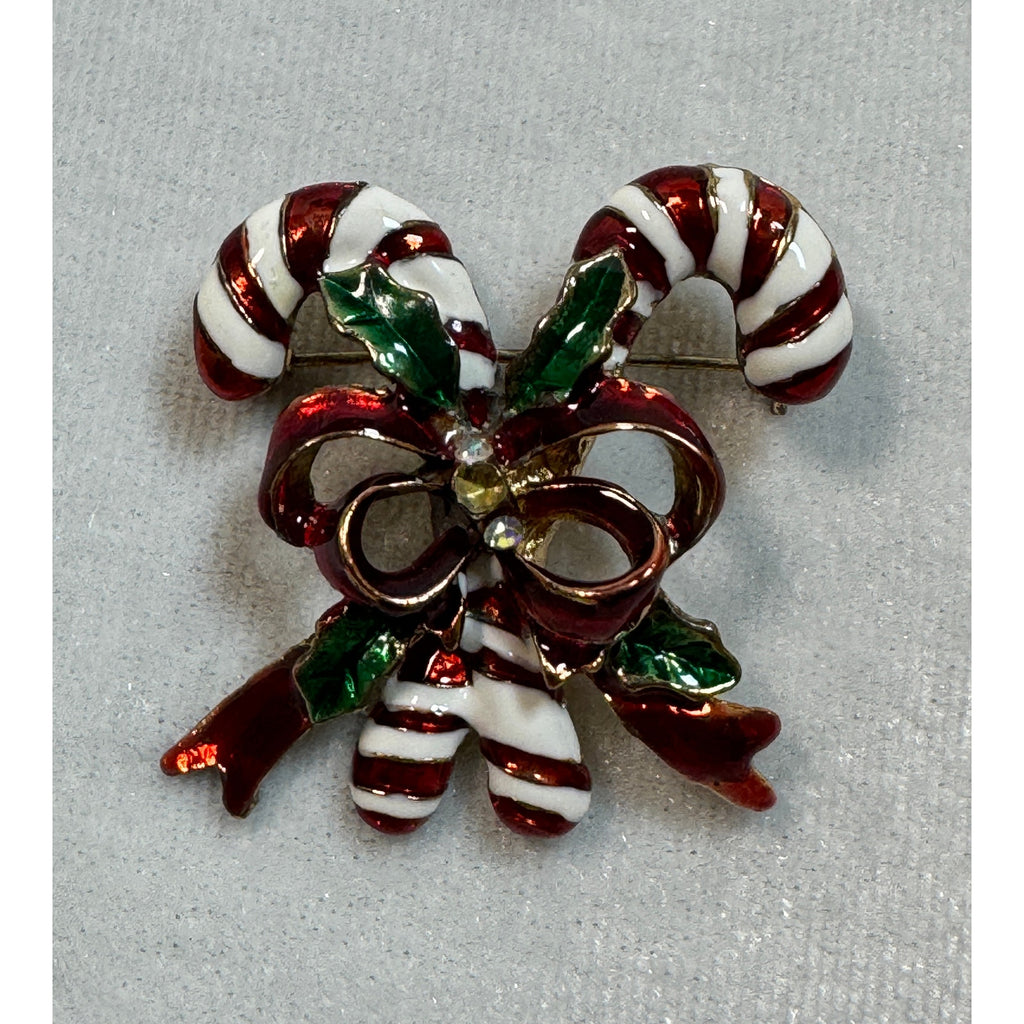 Vintage Enamel Candy Cane Brooch Pin Rhinestones Christmas Holiday 1.5" CP162