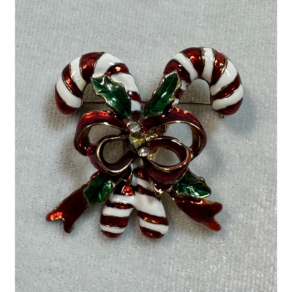 Vintage Enamel Candy Cane Brooch Pin Rhinestones Christmas Holiday 1.5" CP162