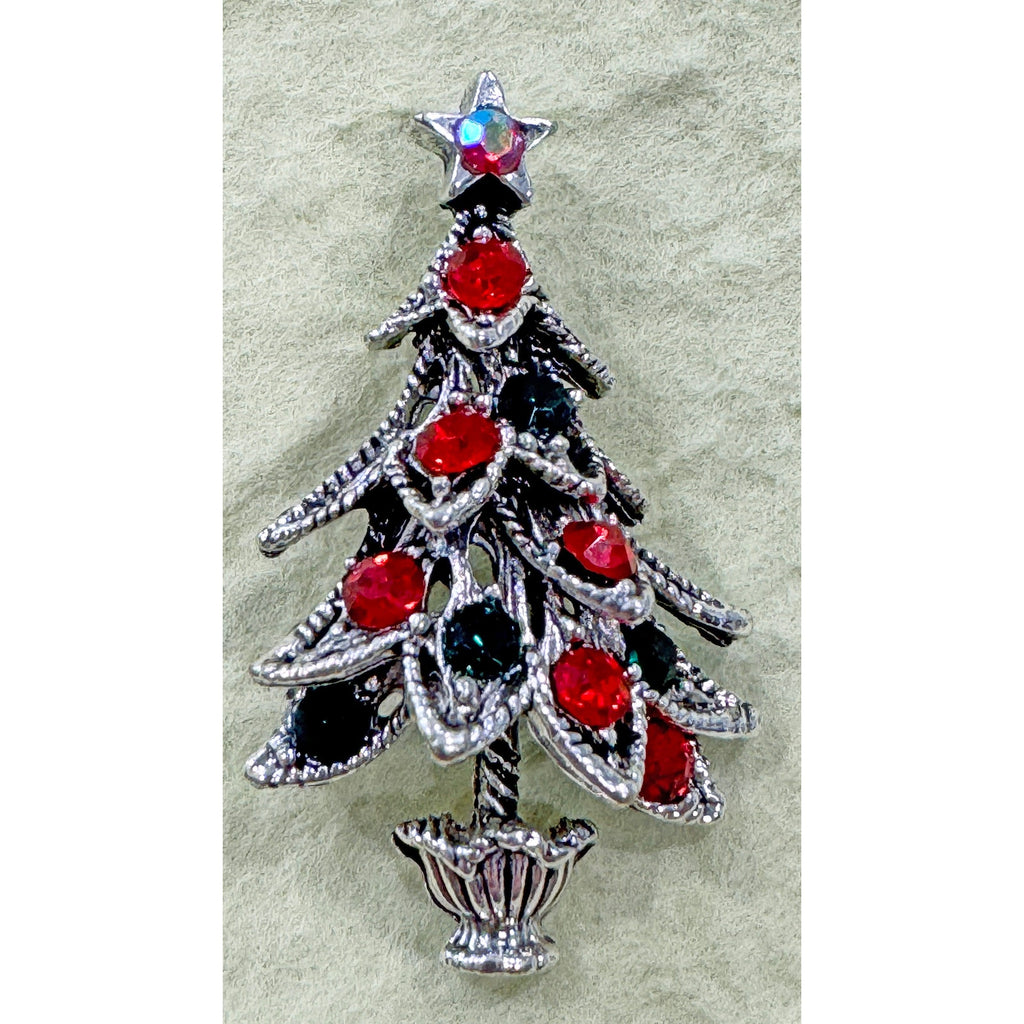New Silver Tone Christmas Tree Brooch with Red and Green Rhinestones CP15