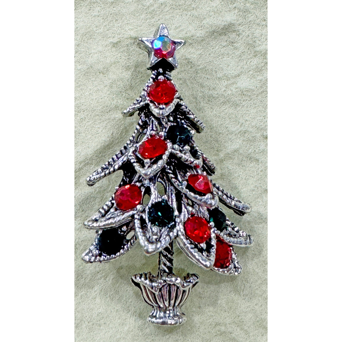 New Silver Tone Christmas Tree Brooch with Red and Green Rhinestones CP15