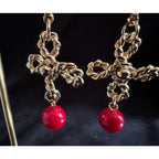 Vintage 1.5” Gold Tone Red Bead Dangle Earrings Twisted Knot Design E98