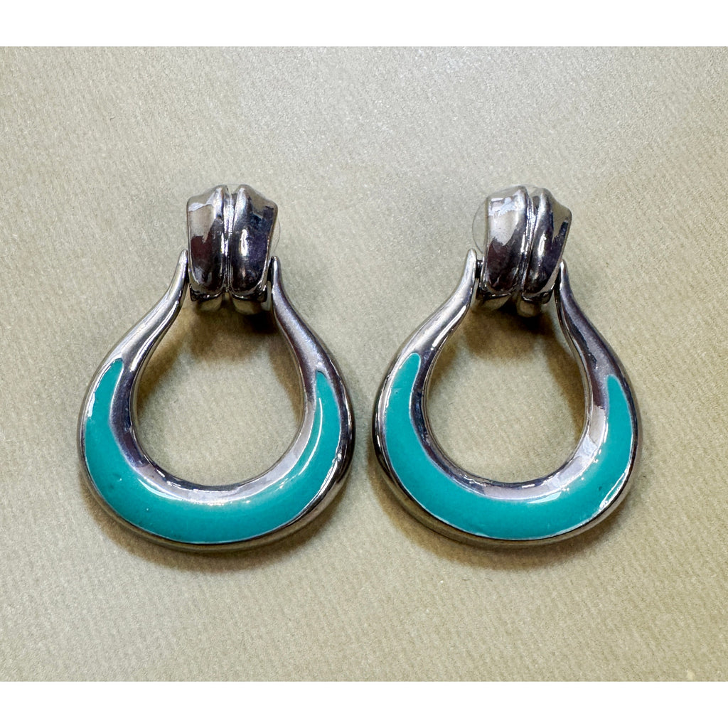 Vintage Turquoise Enamel Open Teardrop Post Earrings Silver Tone 1.5" E508
