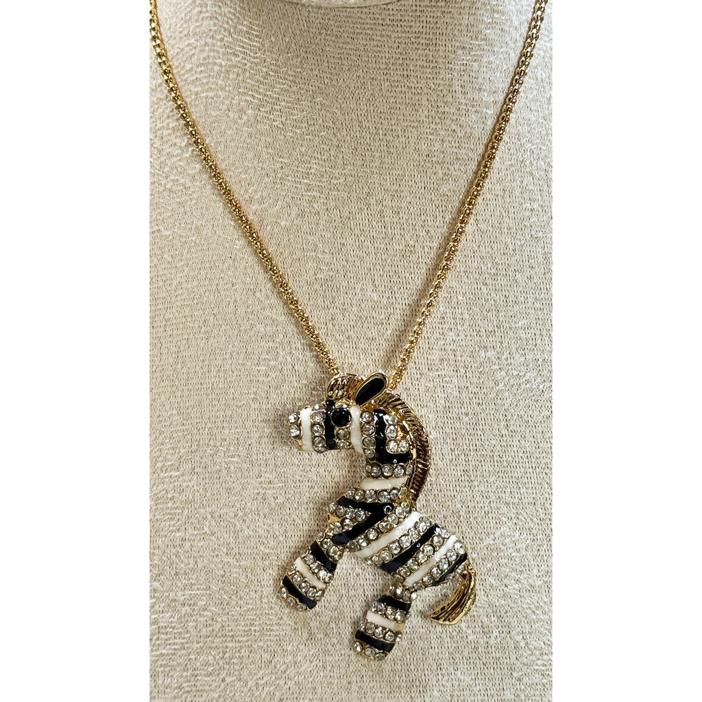 Zebra Pendant Necklace Gold Tone Rhinestone Enamel 22-24" Chain New N387
