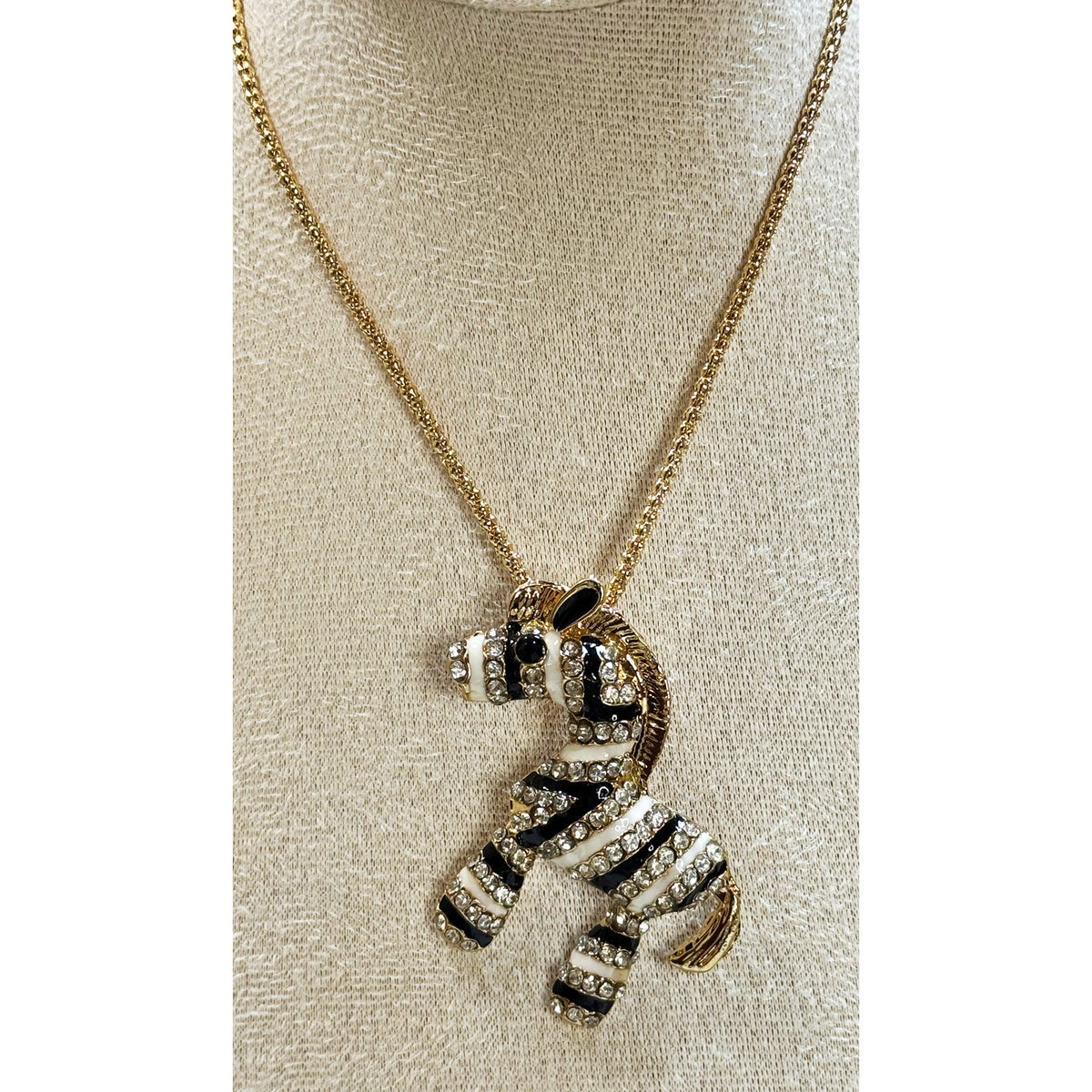 Zebra Pendant Necklace Gold Tone Rhinestone Enamel 22-24" Chain New N387