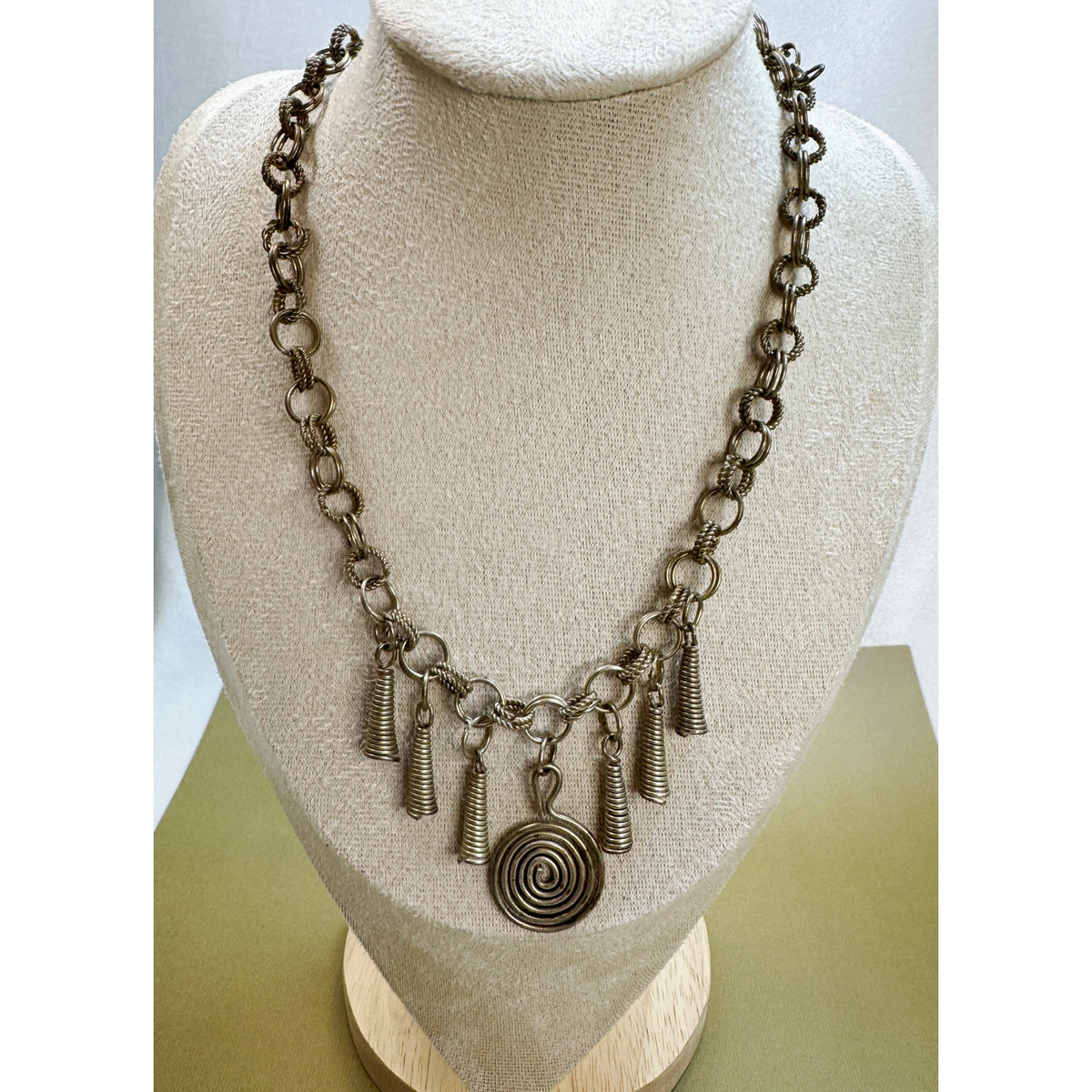 Vintage Silver Tone Statement Necklace Spiral Pendant Fringe 19"  N408