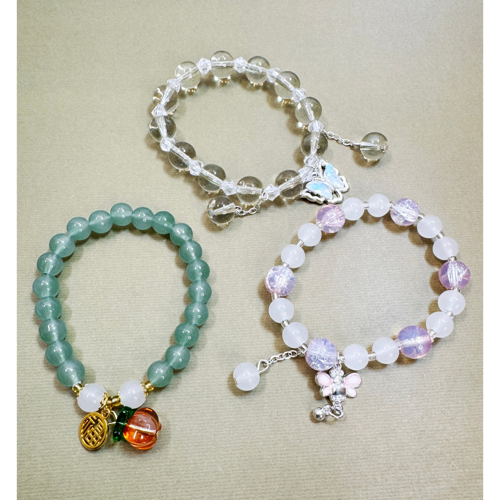 Set of 3 Stretch Beaded Charm Bracelets Butterfly Bee Pumpkin Green Pink B121