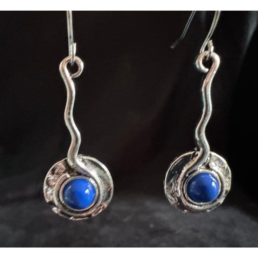New 1.5" Blue Stone Dangle Earrings Silver Tone Swirl Modern Drop Jewelry E150