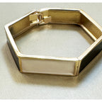 Vintage Black White Enamel Hinged Bangle Bracelet Gold Tone Geometric 1/2"  B088