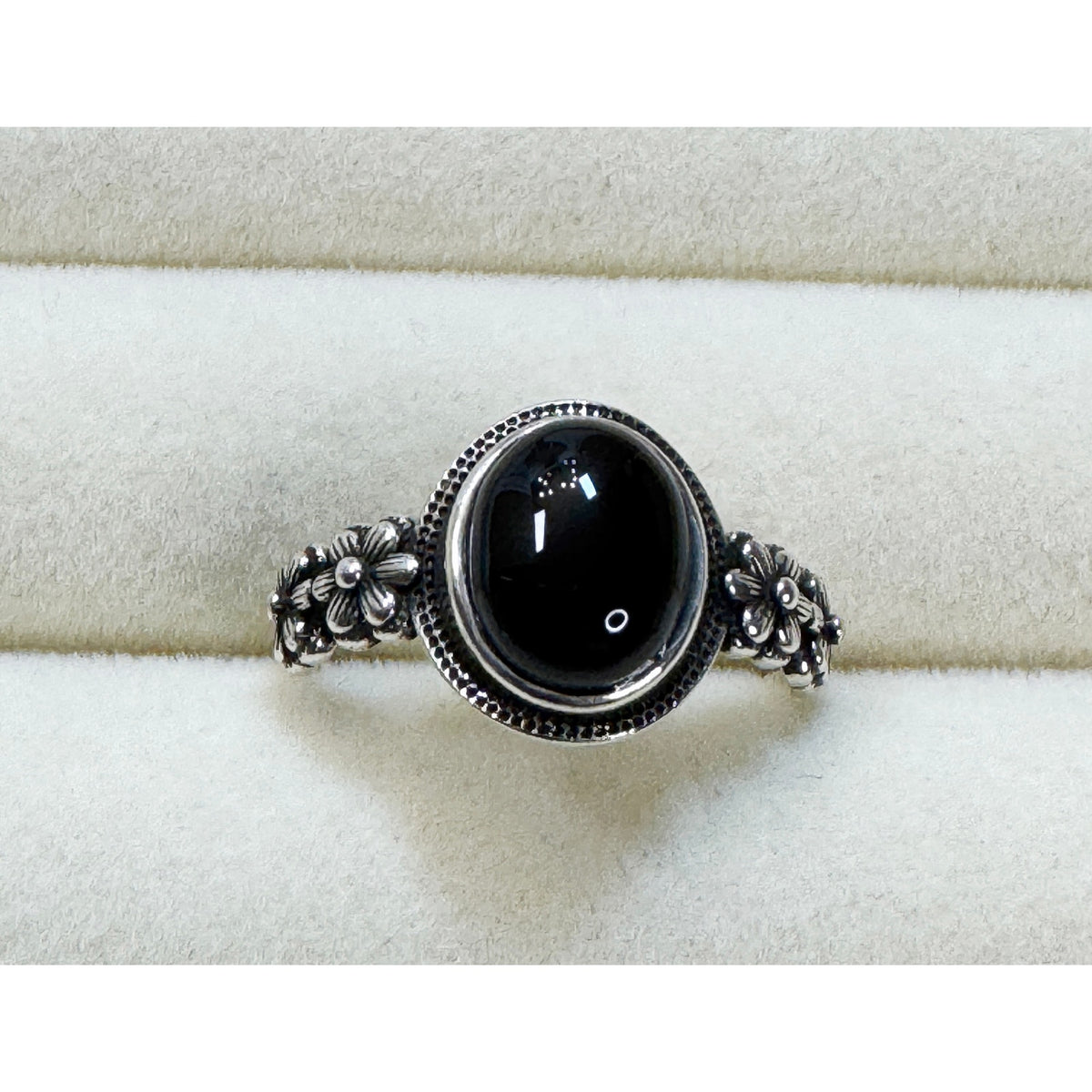 New Size 10 Black Onyx Color Cabochon Ring Silver Floral Vintage Style Ring R002