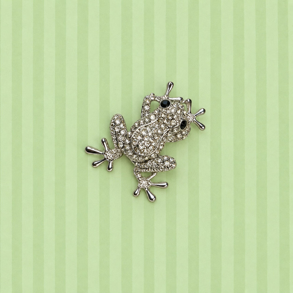 Clear Rhinestone Frog Brooch Pin Silver Tone Lily Pad Nature Jewelry 2" CP184