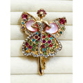 Rhinestone Fairy Ballerina Brooch Gold Tone Pink Wings 2.5" Pin CP246