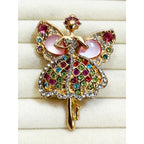 Rhinestone Fairy Ballerina Brooch Gold Tone Pink Wings 2.5" Pin CP246