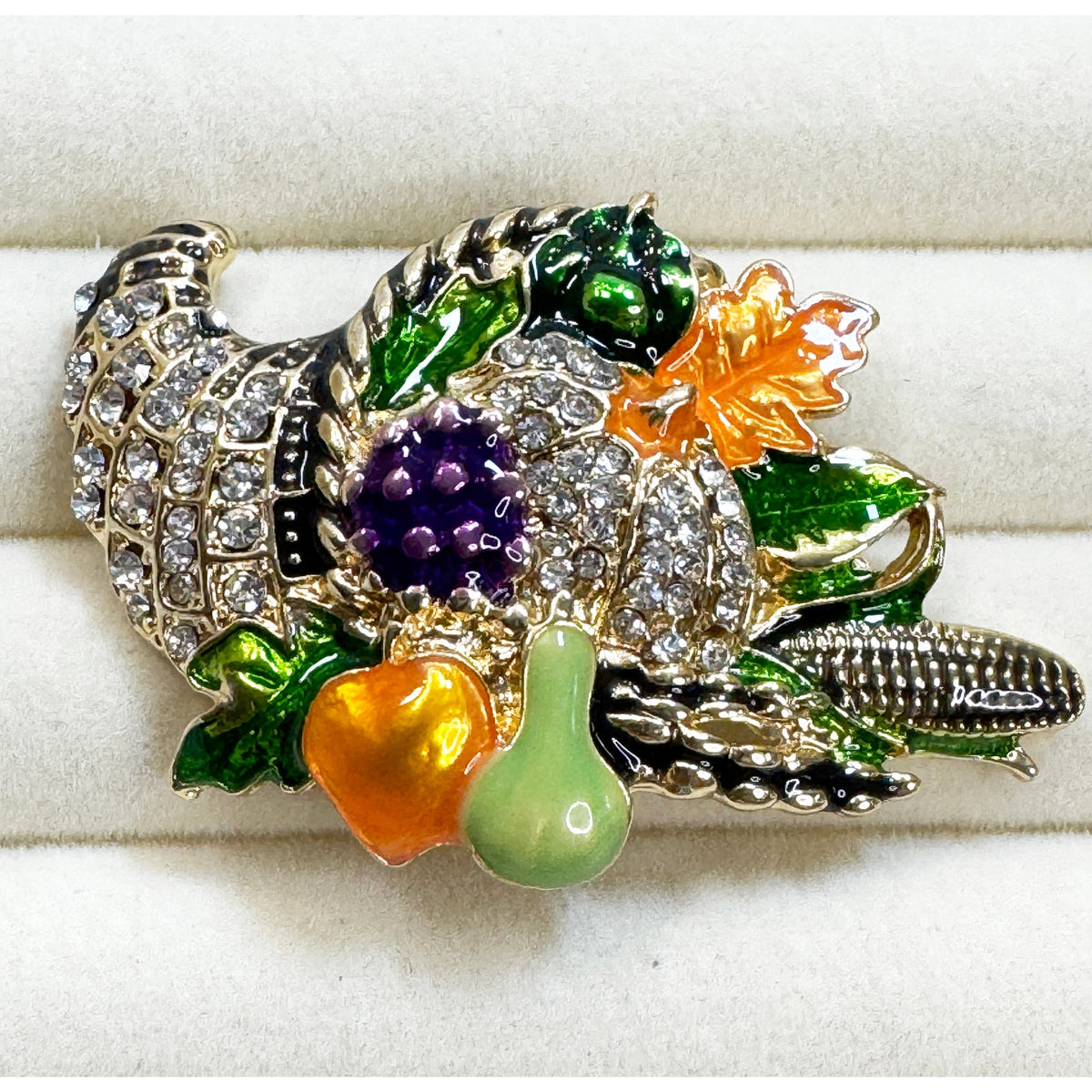 Thanksgiving Cornucopia Brooch Pin Rhinestone Harvest Fall Turkey 2" CP186