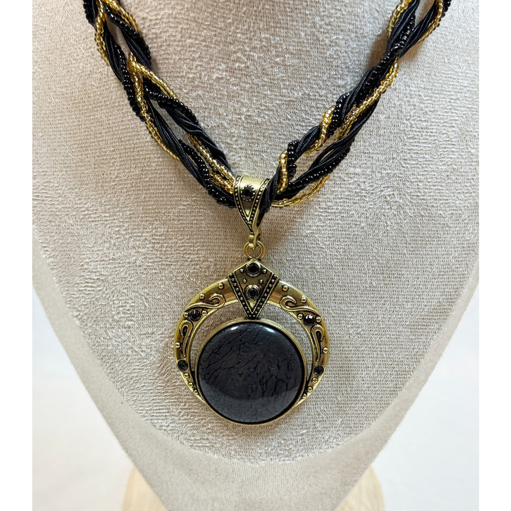 Black Stone Pendant Necklace Multi Strand Beaded Cord 16-18" Boho N365