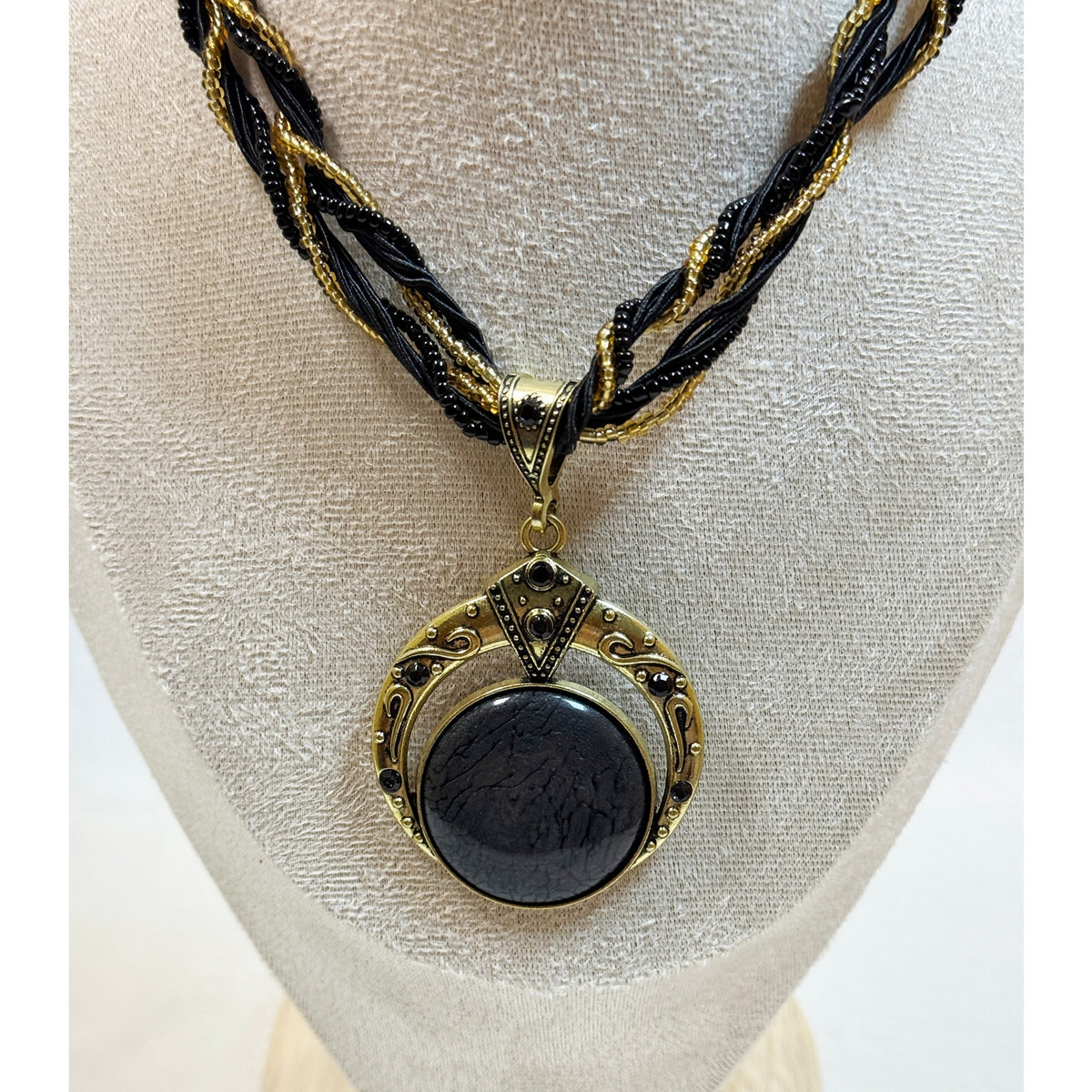 Black Stone Pendant Necklace Multi Strand Beaded Cord 16-18" Boho N365