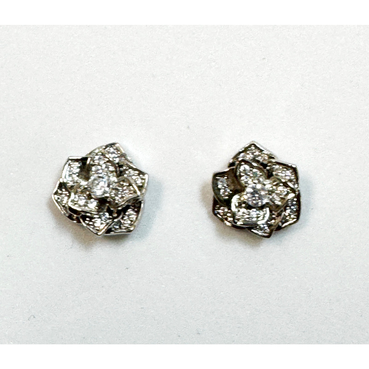 Silver Tone Rhinestone Rose Flower Post Earrings Sparkly Studs 1/2" E289