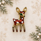 Small Christmas Reindeer Brooch Red Enamel Rhinestone Gold Tone Deer Pin CP173
