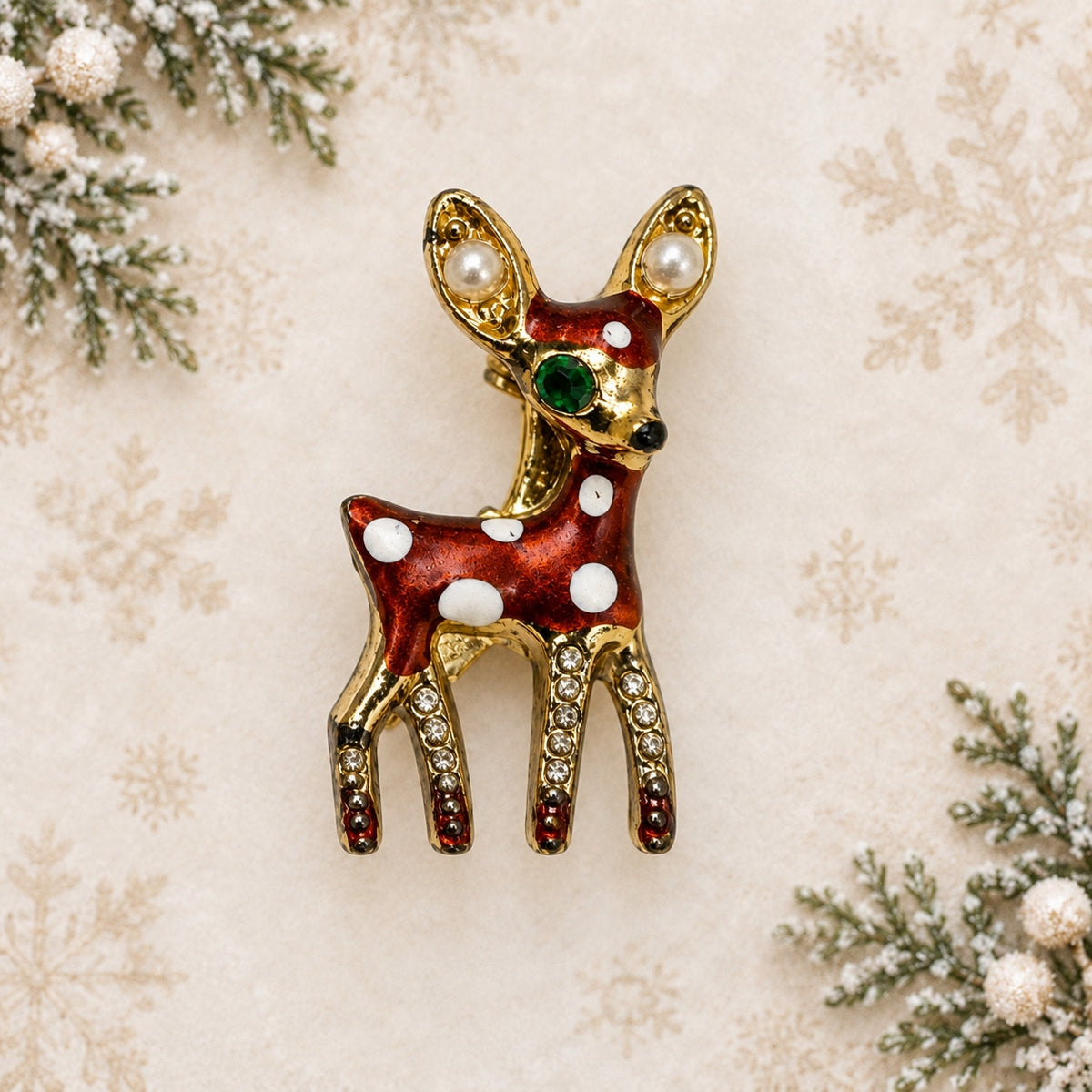 Small Christmas Reindeer Brooch Red Enamel Rhinestone Gold Tone Deer Pin CP173