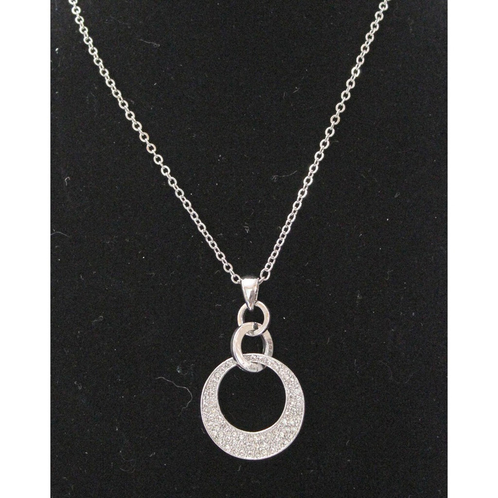 Vintage Silver Tone Necklace with a Sparkly Clear Rhinestone Circle Pendant N62