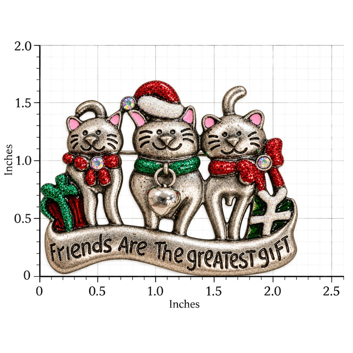 Christmas Cat Friends Brooch Pin Silver Tone Rhinestone Holiday Gift CP268