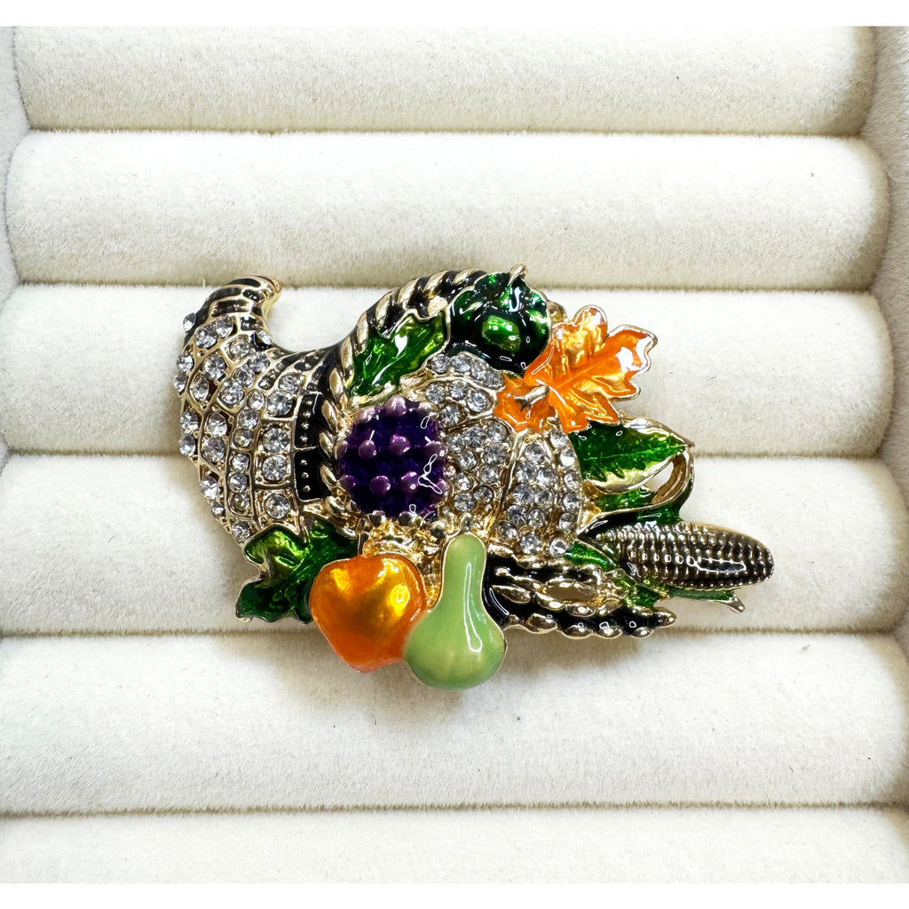 Thanksgiving Cornucopia Brooch Pin Rhinestone Harvest Fall Turkey 2" CP186