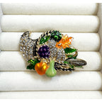 Thanksgiving Cornucopia Brooch Pin Rhinestone Harvest Fall Turkey 2" CP186
