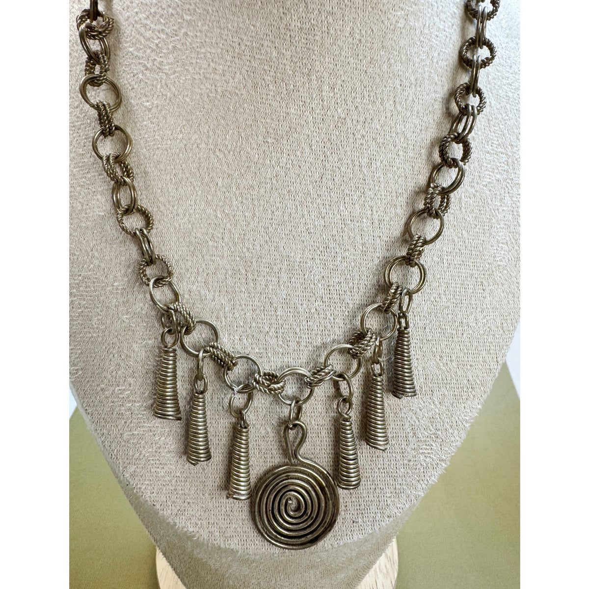 Vintage Silver Tone Statement Necklace Spiral Pendant Fringe 19"  N408