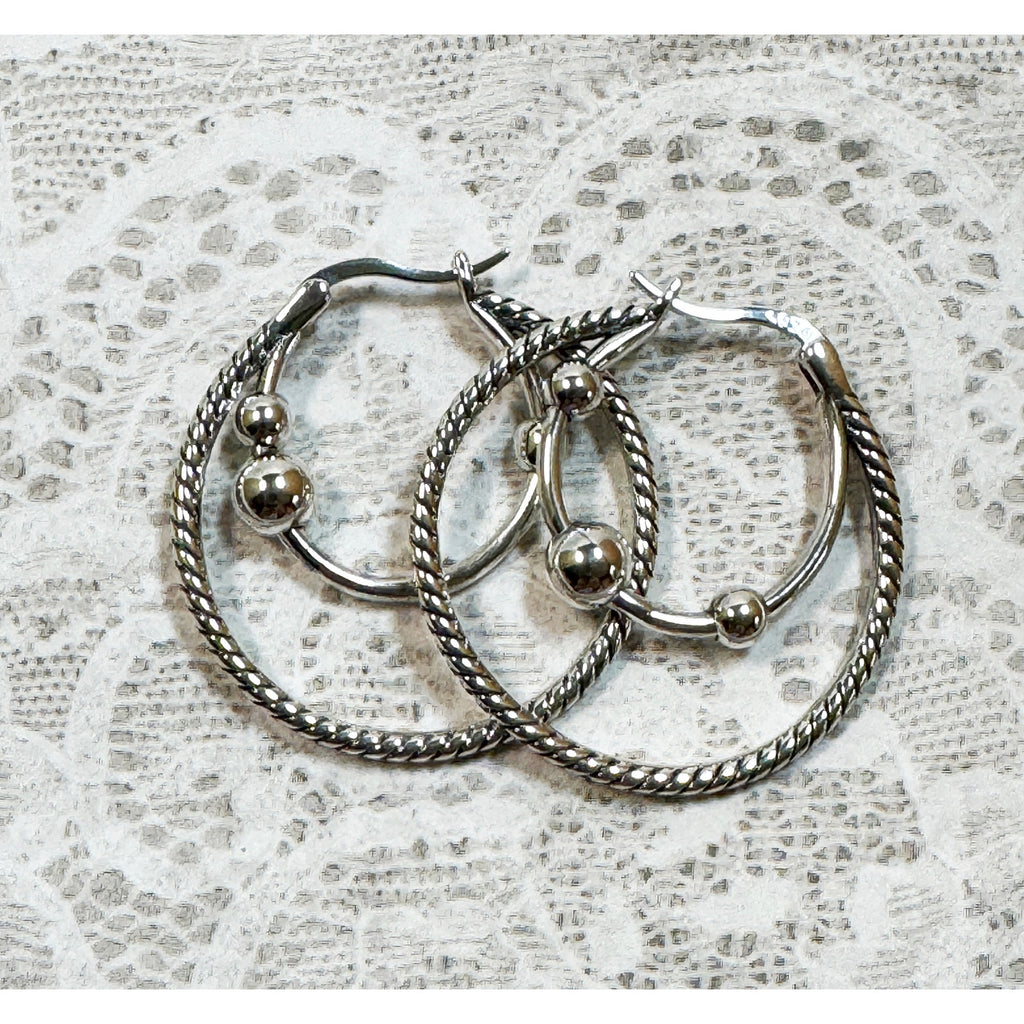Silver Tone Double Hoop Earrings 1 Inch Twisted Textured Circle Hoops E298