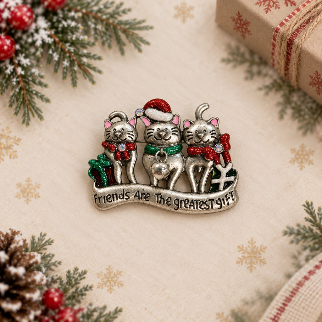 Christmas Cat Friends Brooch Pin Silver Tone Rhinestone Holiday Gift CP268