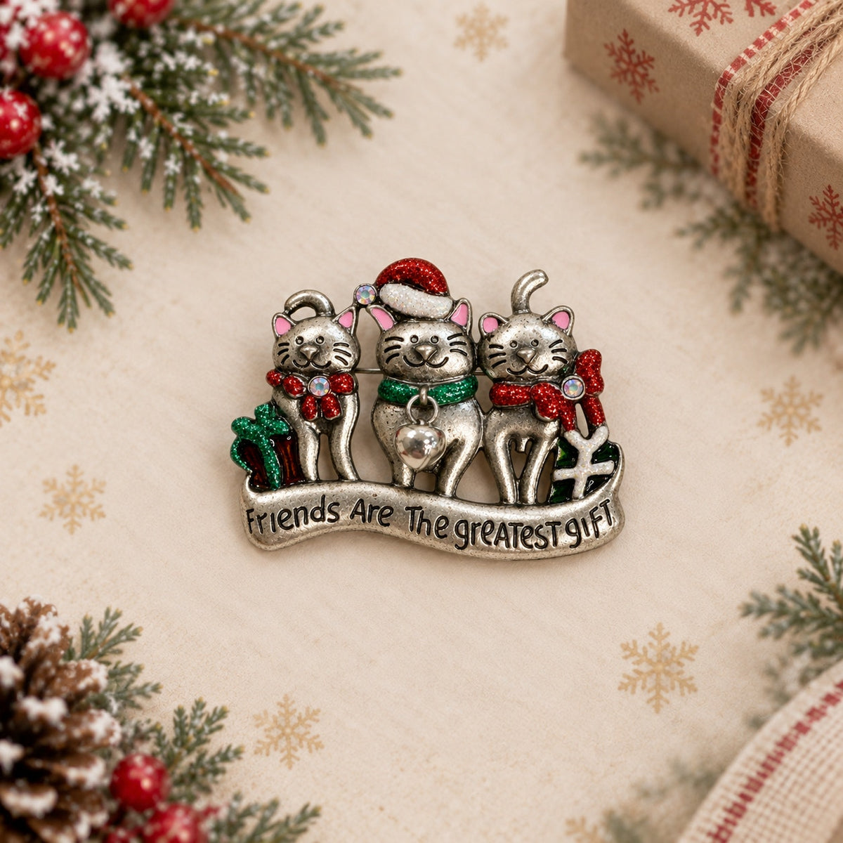 Christmas Cat Friends Brooch Pin Silver Tone Rhinestone Holiday Gift CP268