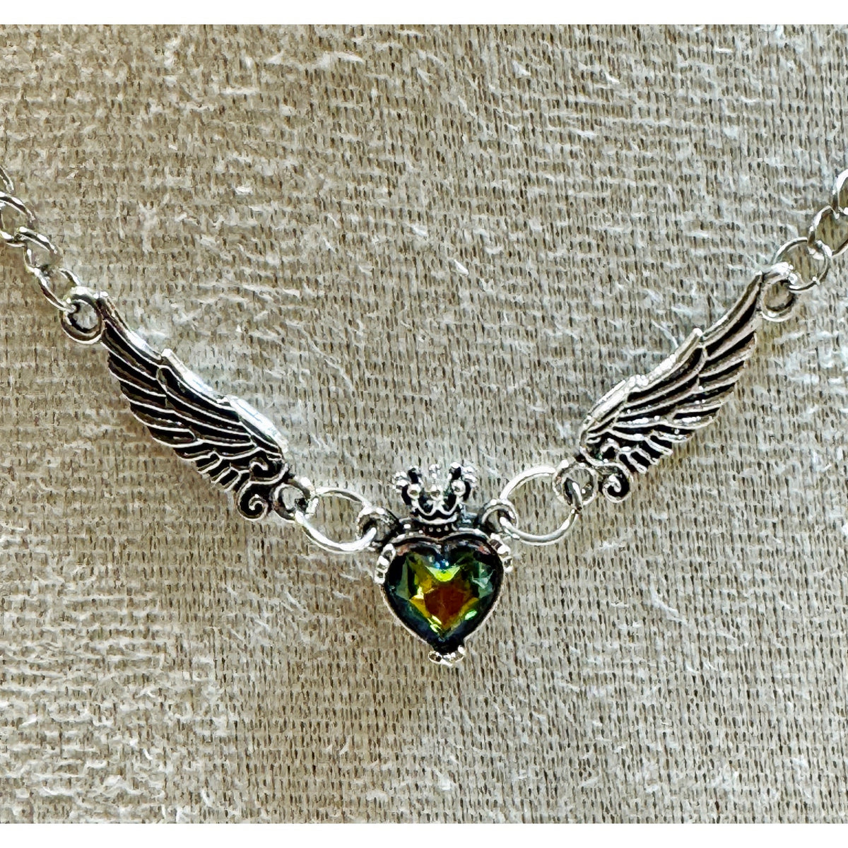 Silver Winged Heart Necklace Mystic Topaz Crystal 22-24" Fantasy Necklace N362