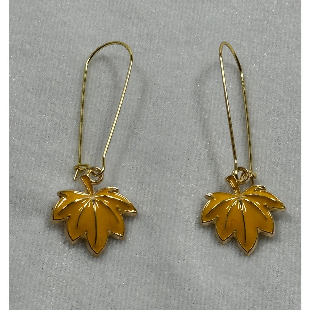 Yellow Maple Leaf Earrings Autumn Fall Dangle Earrings Gold Tone E280
