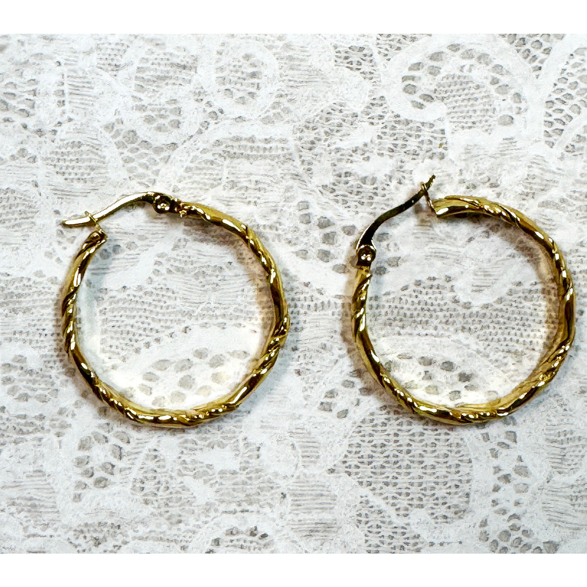 Gold Tone Stainless Steel Twisted Hoop Earrings 1.25" Textured Hoops E291