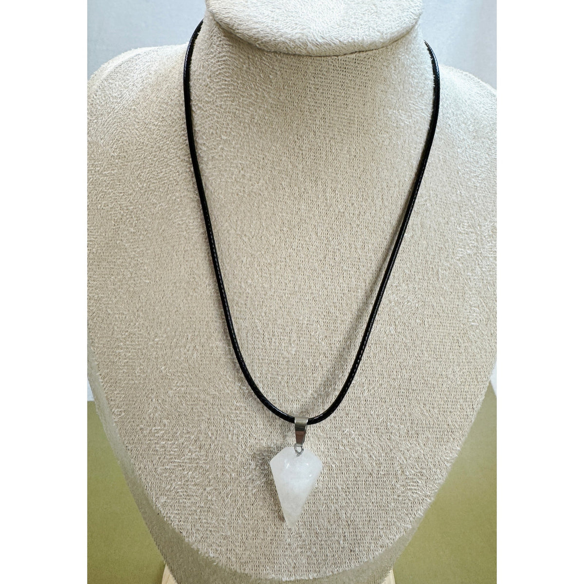 White Stone Point Pendant Necklace 24" Black Cord Boho Healing Gift N536