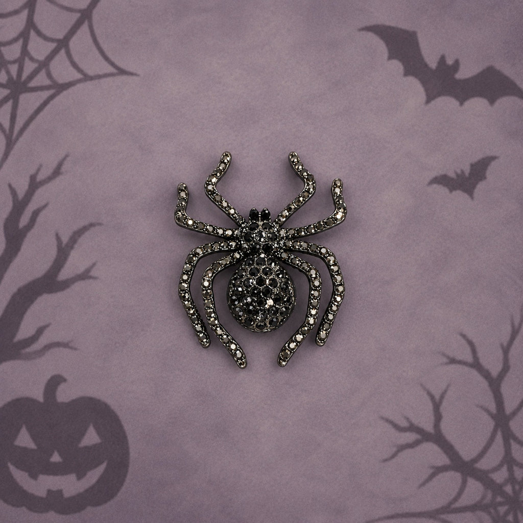 Black Rhinestone Spider Brooch Pin Halloween Gothic Costume Jewelry 2" CP172