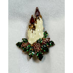 Vintage Enamel Christmas Candle Brooch Pin Holly Berries Holiday Jewelry CP185