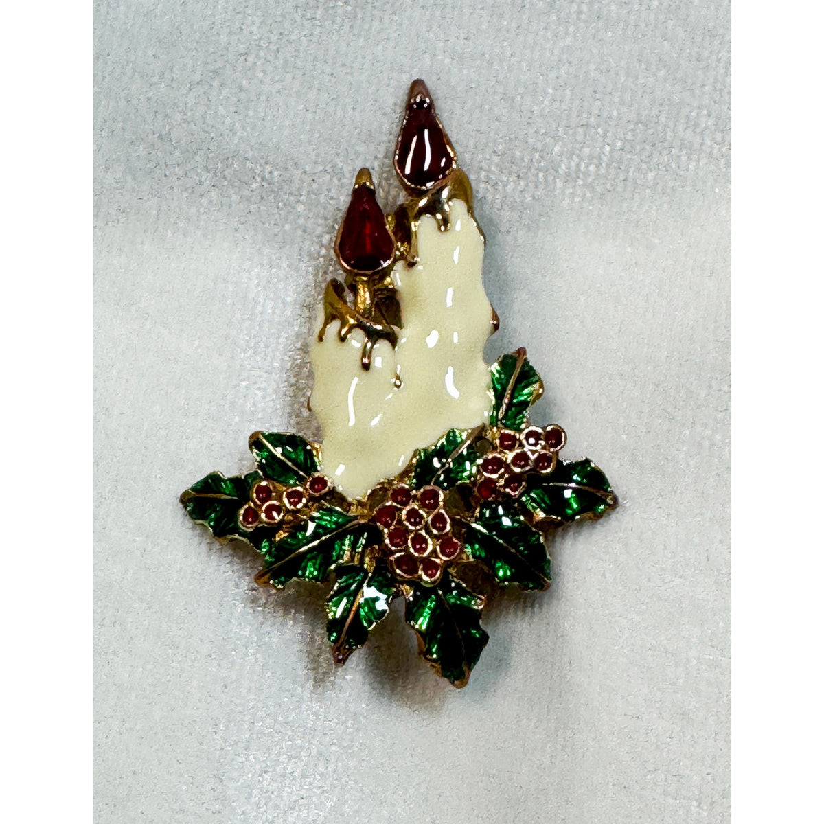 Vintage Enamel Christmas Candle Brooch Pin Holly Berries Holiday Jewelry CP185