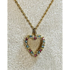 Vintage Open Heart Rhinestone Necklace Pink Blue Crystal Pendant Gold N477
