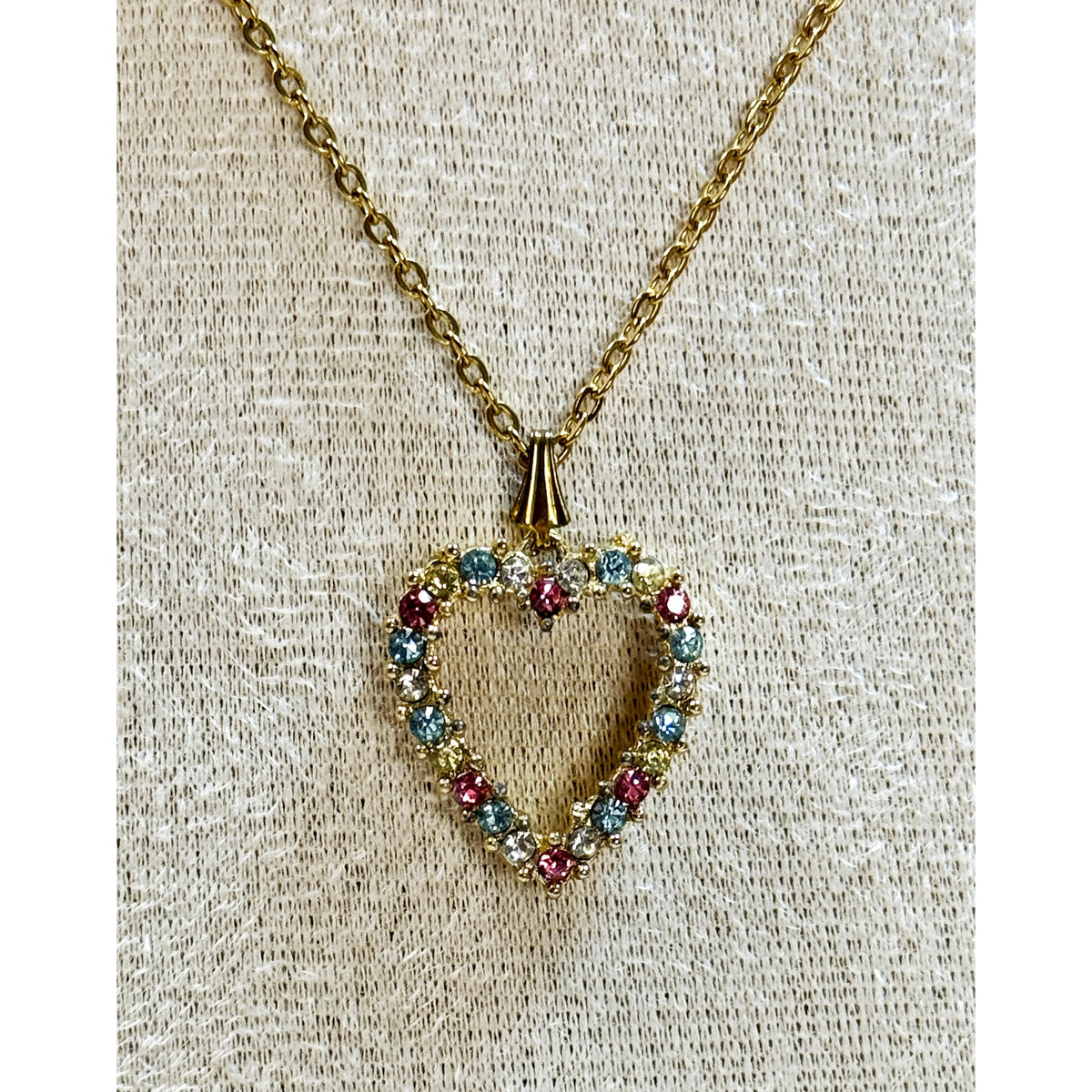Vintage Open Heart Rhinestone Necklace Pink Blue Crystal Pendant Gold N477